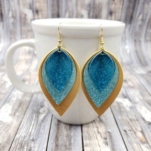 Blue and gold triple layer Faux Leather Earrings!